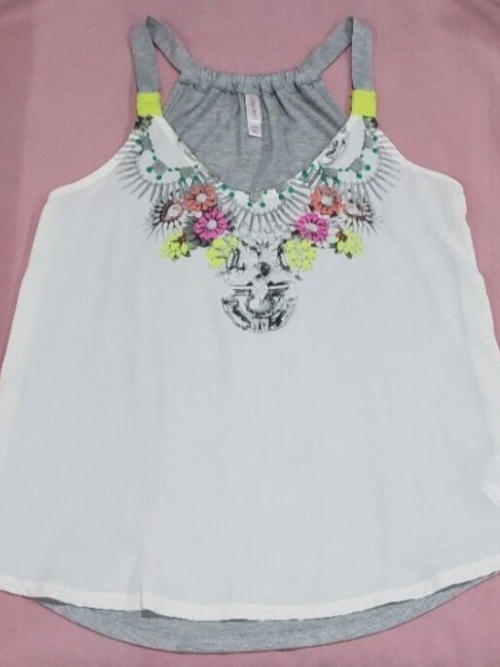 Xhilaration Hi-Low Halter Tank Top White & Floral Print Front Gray Back S/P 34"
